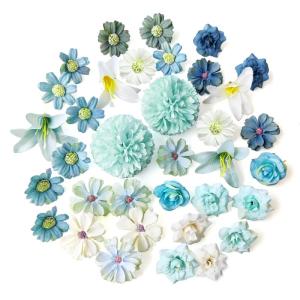 34 stuks om te knutselen, blauw, kleine bloemkoppen, 4 ~ 7 cm, mini , bloemhoofdjes, decoratie, zijden bloemen, , bloemendecoratie, rozen, hortensia's voor