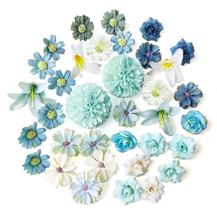 34 stuks om te knutselen, blauw, kleine bloemkoppen, 4 ~ 7 cm, mini , bloemhoofdjes, decoratie, zijden bloemen, , bloemendecoratie, rozen, hortensia's voor