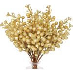Kunstbessen kerstdecoratie, 24 stuks glitter kunstmatige hulstbessenstammen voor Kerstmis, boeketten, kransdecoraties, woondecoratie, kerstboomdecoratie, goud