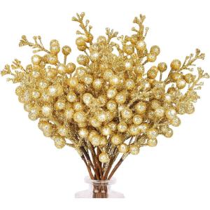 Kunstbessen kerstdecoratie, 24 stuks glitter kunstmatige hulstbessenstammen voor Kerstmis, boeketten, kransdecoraties, woondecoratie, kerstboomdecoratie, goud