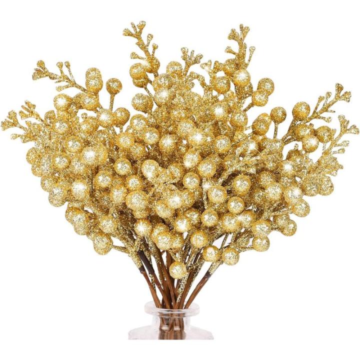 Kunstbessen kerstdecoratie, 24 stuks glitter kunstmatige hulstbessenstammen voor Kerstmis, boeketten, kransdecoraties, woondecoratie, kerstboomdecoratie, goud