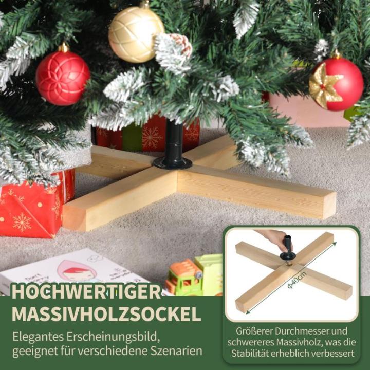 Nordmann Kunstkerstboom met sneeuweffect, kunstkerstboom met handgemaakte houten standaard, sneeuw, 28 dennenappels en 676 punten, eenvoudig te monteren