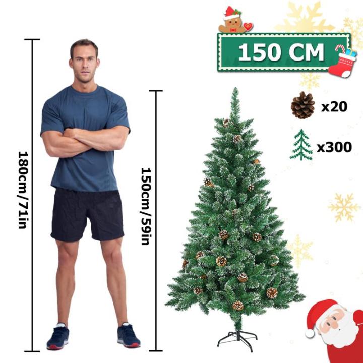 Kunstkerstboom, 150 cm, pvc, groen pvc, met sneeuweffect, dennenappels, kerstboom met snel op te bouwen, klapsysteem, brandvertragende kunstdennenboom met metalen standaard