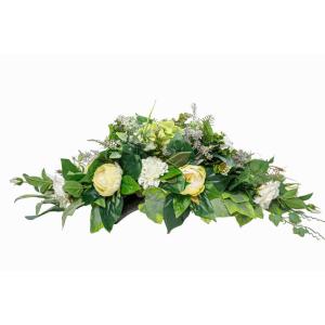 Grabaufleger aus künstlichen Textil Seidenblumen Rosen länglich 80cm groß XXL Friedhofsgesteck für Totensonntag Beerdigung wie Echt (Weiß/Ecru/hell)