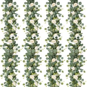 Kunstbloemenkrans, bruiloft, rozenkrank, slingers, 2 stuks, kunstbloemen, eucalyptus, hangende slinger, witte kunstplant voor achtergrond, feestdecoratie (wit, 4 stuks)
