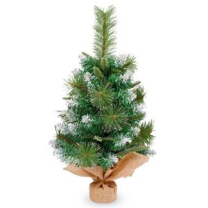 60 cm kleine pvc-kerstboom met 60 bladpunten van dennennaalden, mini-tafel kunstkerstboom in wit spuiten, linnen katoen en cementbasis voor kerstdecoraties