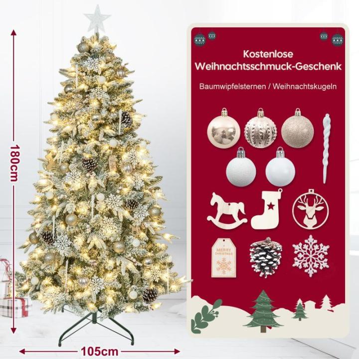 Kunstkerstboom met verlichting met sneeuw en STK, kerstballen, kerstdecoratieset, metalen standaard (180 cm, champagnegoud)
