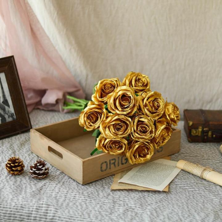 Kunstmatige Zijde Roos Bloem Boeket Levensechte Nep Roos voor Bruiloft Thuis Party Decoratie Evenement Gift 10 stks (Goud)