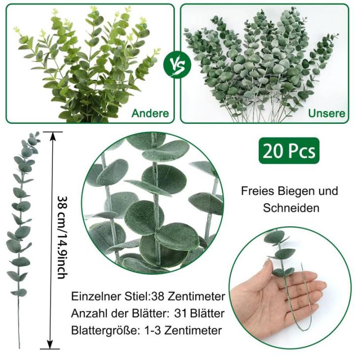 20 stuks kunstmatige eucalyptustakken, 38 cm nep eucalyptus planten, bloemendecoratie, , droogbloemen, decoratie voor bruiloft, feest, thuis, tuin, tafel, bloemen, vazen - goud