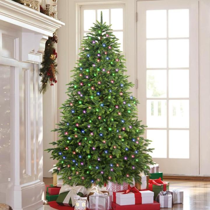 Kunstkerstboom, 180 cm, met verlichting, 100% spuitgieting, RGB-kerstboom met 4026 punten, 310 lampen, premium dennenboom met afstandsbediening, houten standaard