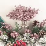24 stuks glitter roze bessen stelen, kunstmatige rode bessen plukken, glitter, roze bessen, takken, kerstbessen, steel, picks voor kerstboom, doe-het-zelf, knutselen, bruiloft, vak
