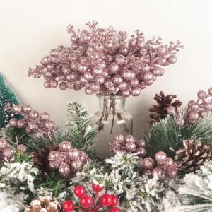 24 stuks glitter roze bessen stelen, kunstmatige rode bessen plukken, glitter, roze bessen, takken, kerstbessen, steel, picks voor kerstboom, doe-het-zelf, knutselen, bruiloft, vak