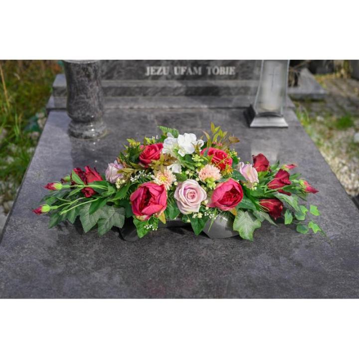 Grafoplegger van kunsttextiel, zijden bloemen, rozen, langwerpig 80 cm groot, XXL, begraafplaats voor dodenzondag, begrafenis als echt (roze)