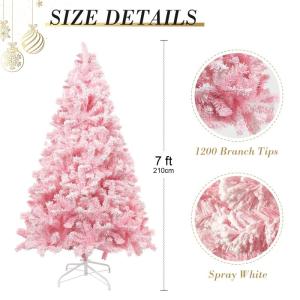 210 cm kerstboom bevlokt roze met volle vlokken decoratie met sneeuwvlokken, 1200 takpunten dennenbladeren van pvc en stabiele basis, kerstboom voor kerstdecoraties