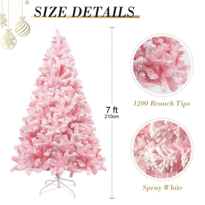 210 cm kerstboom bevlokt roze met volle vlokken decoratie met sneeuwvlokken, 1200 takpunten dennenbladeren van pvc en stabiele basis, kerstboom voor kerstdecoraties