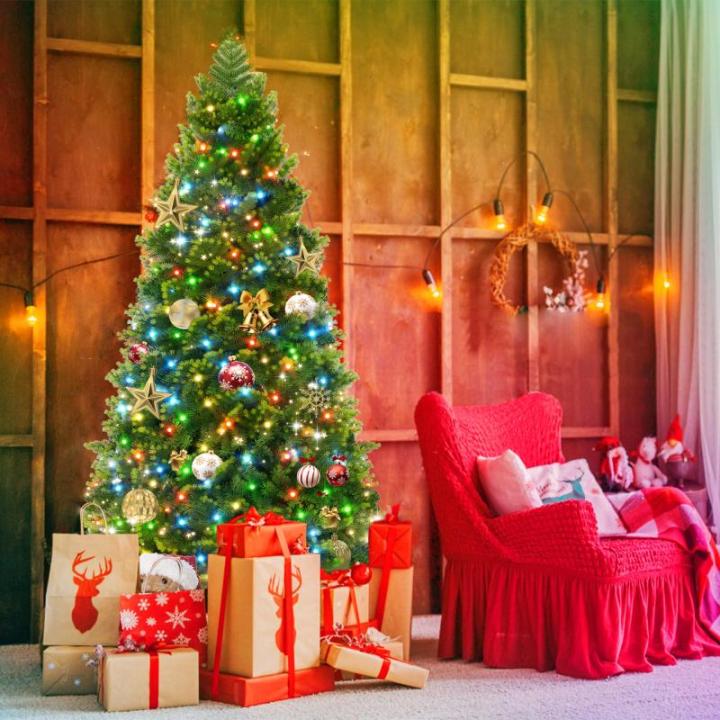 Kunstkerstboom met verlichting, 210 cm, PVC/PE, natuurgetrouw met kleurrijke led en metalen houder, kerstboom, kerstdecoratie