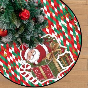 Kerstboomrok, 120 cm, groen-rode kerstboomdeken, grote kerstboomdeken met kerstman, polyester dennenboomdeken, retro kerstboomdeken voor winter, Kerstmis, feestdecoratie, binnen en