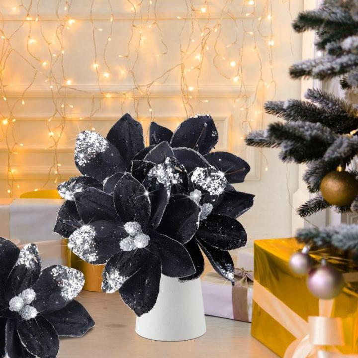 16 Stück Glitzer künstliche Weihnachtssterne Blume Glitzer Samt Magnolie Blume Faux Weihnachten Weihnachtsstern Blume Weihnachten Dekorative Blume für Weihnachtsbaum Dekoration 