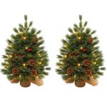 2 x kerstboom met decoratieve lichtketting, 30 leds, warm wit, 60 cm, mini-kunstkerstboom met dennenappels en taxbessen, tafelkerstboom, kerstdecoratie, materiaal PE, voor Kerstmis