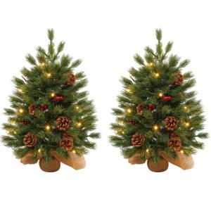 2 x kerstboom met decoratieve lichtketting, 30 leds, warm wit, 60 cm, mini-kunstkerstboom met dennenappels en taxbessen, tafelkerstboom, kerstdecoratie, materiaal PE, voor Kerstmis