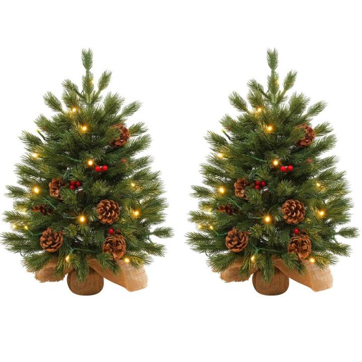 2 x kerstboom met decoratieve lichtketting, 30 leds, warm wit, 60 cm, mini-kunstkerstboom met dennenappels en taxbessen, tafelkerstboom, kerstdecoratie, materiaal PE, voor Kerstmis