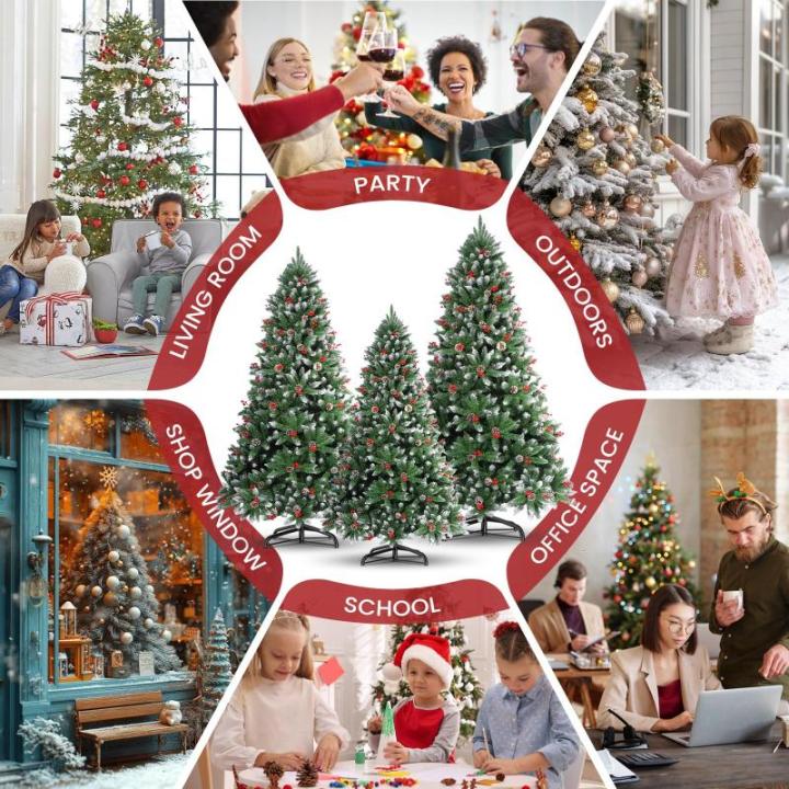 Nordmann Kunstkerstboom met sneeuweffect, dennenappels en rode bessen, 180 cm, automatische dennenboom, kunstkerstboom met metalen standaard, Nordmann-spar, moeilijk ontvlambare ke