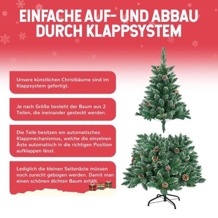 Kerstboom met verlichting, wintermagie serie, kunstkerstboom met kunstsneeuwcoating, 180 leds, 20 dennenappels, 367 takken en metalen standaard, van pvc, hoogte 150 cm