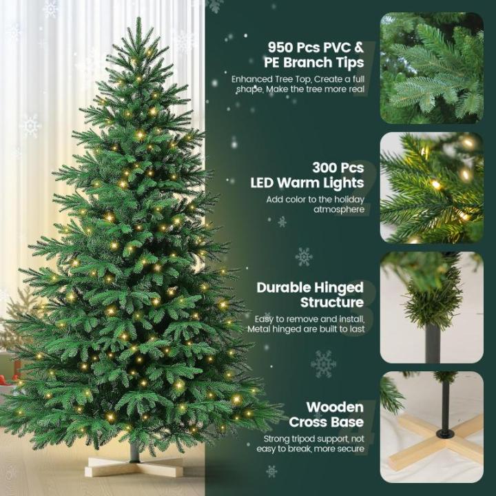 Nordmann Kunstkerstboom, pvc en PE, 180 cm, kunstdennenboom met houten standaard, verlichting led, vlamvertragend, automatische kerstboom, natuurgetrouwe kunstkerstboom