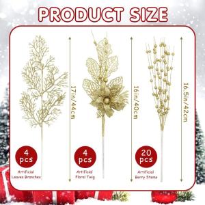 28 stuks kerst glitter bloemen bessen stelen kunstmatige kersttakken kerstboomversiering kunsttakken kerstboom plukken voor doe-het-zelf vakantie handwerk krans thuis decoratie (go