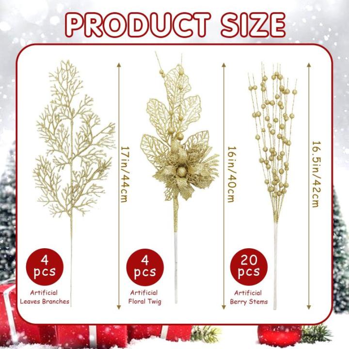 28 stuks kerst glitter bloemen bessen stelen kunstmatige kersttakken kerstboomversiering kunsttakken kerstboom plukken voor doe-het-zelf vakantie handwerk krans thuis decoratie (go