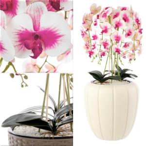 Kunstorchidee, cascade, bloemenboeket, crèmerosa in pot, crème, 90 cm hoog, rubberen bloemen, 5 scheuten, decoratie voor thuiskantoor