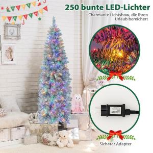 Kunstkerstboom, 180 cm, dennenboom met ledverlichting, slanke kerstboom met veelkleurige lichten, kunstboom met metalen standaard, voor Kerstmis, groen + wit