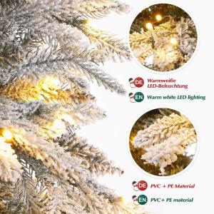 Kunstkerstboom met verlichting, witte sneeuwvlokken, led-dennenboom voor kerstdecoratie, van PE en pvc, 150 cm