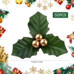 50pcs Gold Weihnachten Ornamente Set Mini Faux Holly & Berry Dekoration DIY Weihnachtsblumen Dekor mit Drahthalterung für schwimmende Kerzen Vase Urlaubsdekor, Weihnachtsschmuck