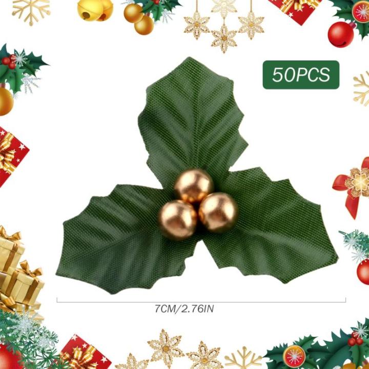 50pcs Gold Weihnachten Ornamente Set Mini Faux Holly & Berry Dekoration DIY Weihnachtsblumen Dekor mit Drahthalterung für schwimmende Kerzen Vase Urlaubsdekor, Weihnachtsschmuck