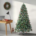 Nordmann Kunstkerstboom met sneeuweffect, dennenappels en rode bessen, 180 cm, automatische dennenboom, kunstkerstboom met metalen standaard, Nordmann-spar, moeilijk ontvlambare ke