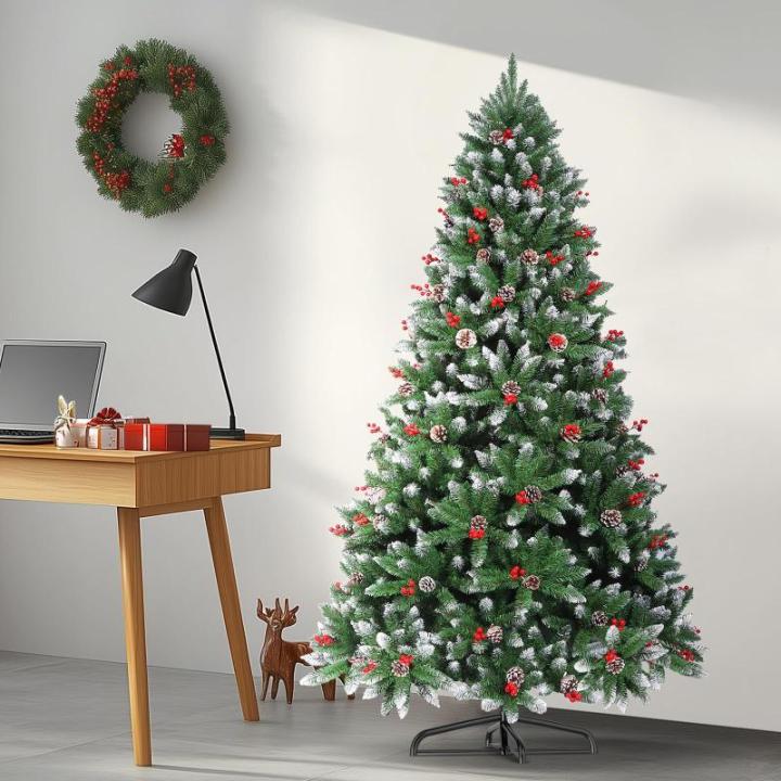 Nordmann Kunstkerstboom met sneeuweffect, dennenappels en rode bessen, 180 cm, automatische dennenboom, kunstkerstboom met metalen standaard, Nordmann-spar, moeilijk ontvlambare ke