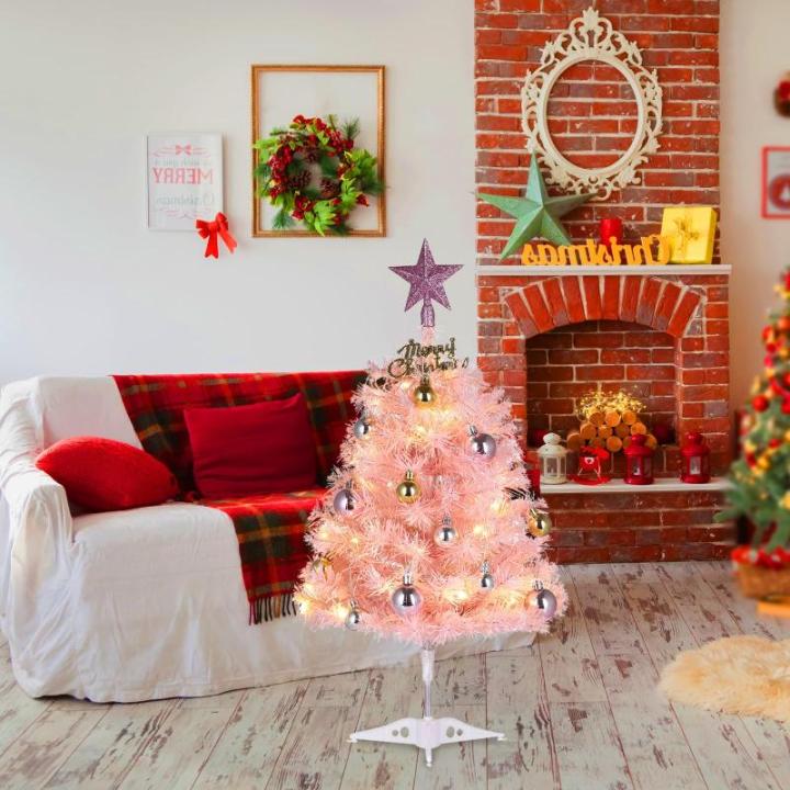 Kleine roze kerstboom, 60 cm mini-kerstboom met led-lichtketting en hangende ornamenten, werkt op batterijen, doe-het-zelf kerstboom voor kerstdecoraties