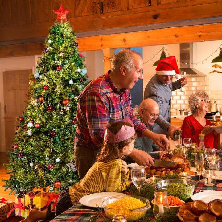 Pvc-kerstboom 210 cm, kunstkerstboom met 1346 takpunten, houten standaard en handschoenen inbegrepen, lifelike dennenboom voor binnen, patio, lobby, koffiewinkel, feestdecoratie (d