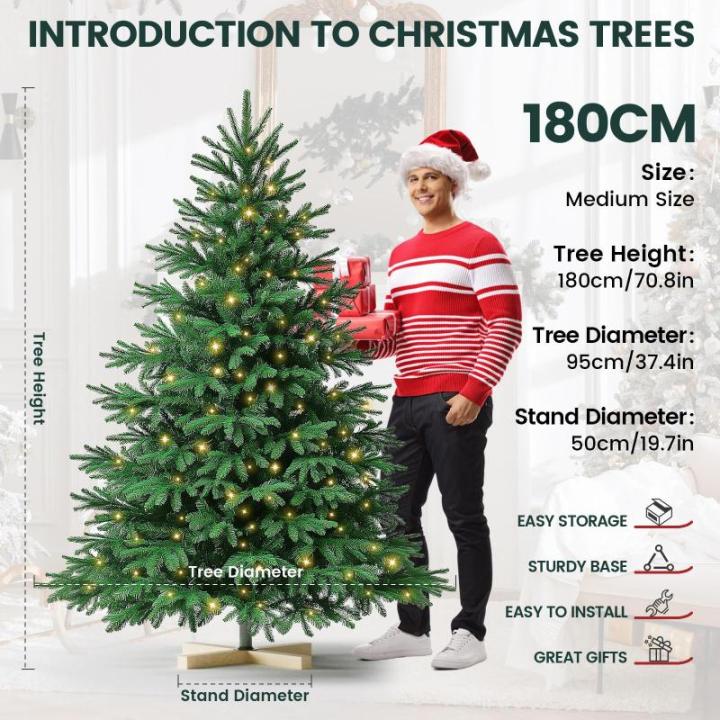 Nordmann Kunstkerstboom, pvc en PE, 180 cm, kunstdennenboom met houten standaard, verlichting led, vlamvertragend, automatische kerstboom, natuurgetrouwe kunstkerstboom