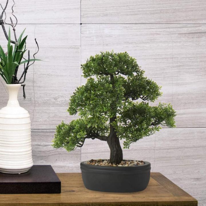 Kunstbonsai Natuurgetrouwe kunstplant, kunstboom, bonsai, ceder, grenen, podocarpus, plastic plant, kunstplant met keramische pot in zwart, voor badkamerdecoratie, desktop, kantoor