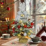 Mini-kerstboom met led, 45 cm kleine kerstboom, versierd met kunstsneeuw en ornamenten, mini-dennenboom voor kerstdecoratie, rood zilver