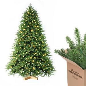 Kunstkerstboom 180 cm met warme LED-verlichting en houten standaard, PE spuitgietwerk en PVC dennenboom (Ø ca. 120 cm) met snelopbouw-klapsysteem