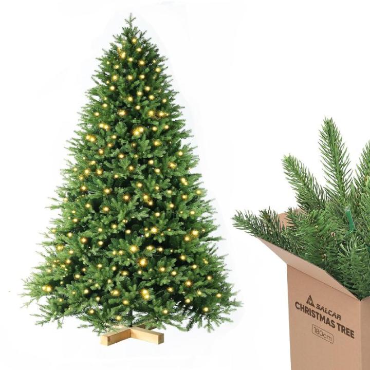 Kunstkerstboom 180 cm met warme LED-verlichting en houten standaard, PE spuitgietwerk en PVC dennenboom (Ø ca. 120 cm) met snelopbouw-klapsysteem
