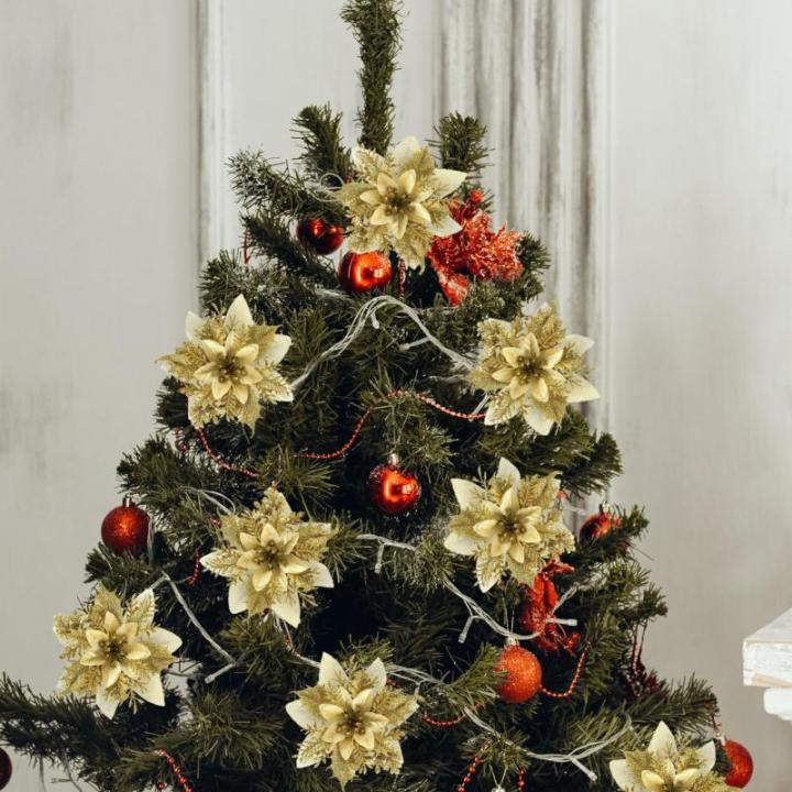 Künstliche Weihnachtsblumen, 24 Stück, Weihnachtsbaum-Blumen mit Clips, Weihnachtsbaumschmuck, künstliche Blumenornamente für Winter, Hochzeit, Party, Kranz, Dekoration (rot + 