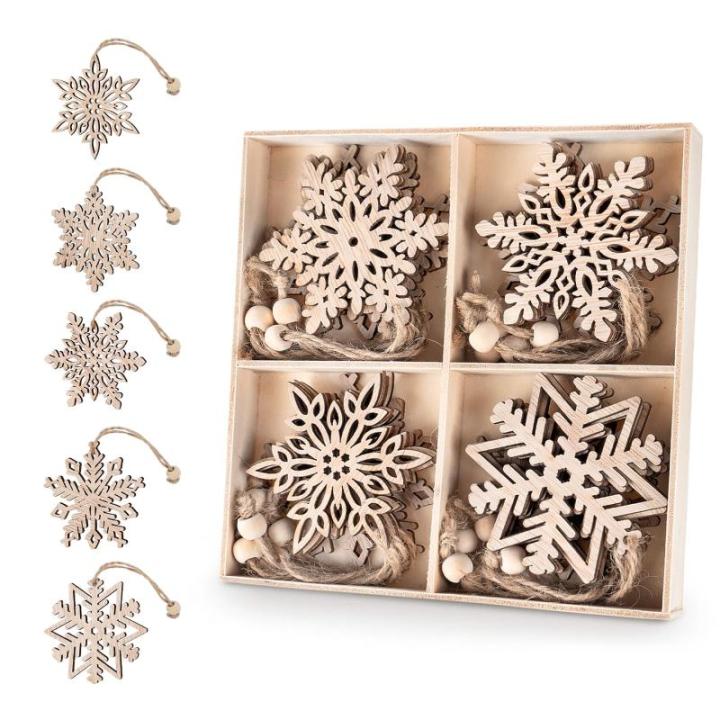 20 Kerstversiering hout,7,5cm sneeuwvlokken houten hanger,5 designs kerstboomversiering hout,onafgewerkte houten kerstversiering,vintage kerstboomversiering met henneptouw en bewee