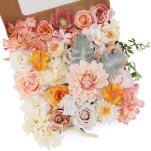 Künstliche Blumen Combo Champagner Blumen Mix Seide Blumen Dahlie Rosen mit Stielen für DIY Hochzeit Brautsträuße, Babyparty, Blumenarrangement, Tischaufsätze, Heimdekoratione