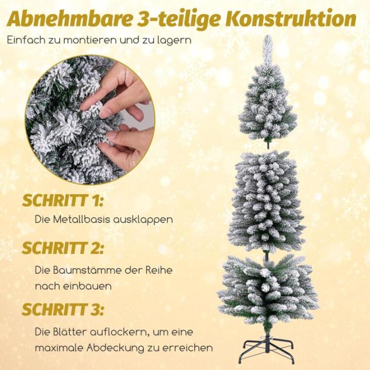 Kunstkerstboom, potlood, 180 cm, dennenboom met sneeuw, kerstboom met 460 takken en inklapbare metalen standaard, slanke kunstboom, Kerstmis voor thuis, op kantoor (groen)