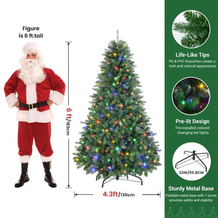 Kunstkerstboom met verlichting, 180 cm, met 330 warmwitte en meerkleurige ledlampen, 8 lichtmodi, 1018 PE en pvc-takpunten, opvouwbare metalen standaard