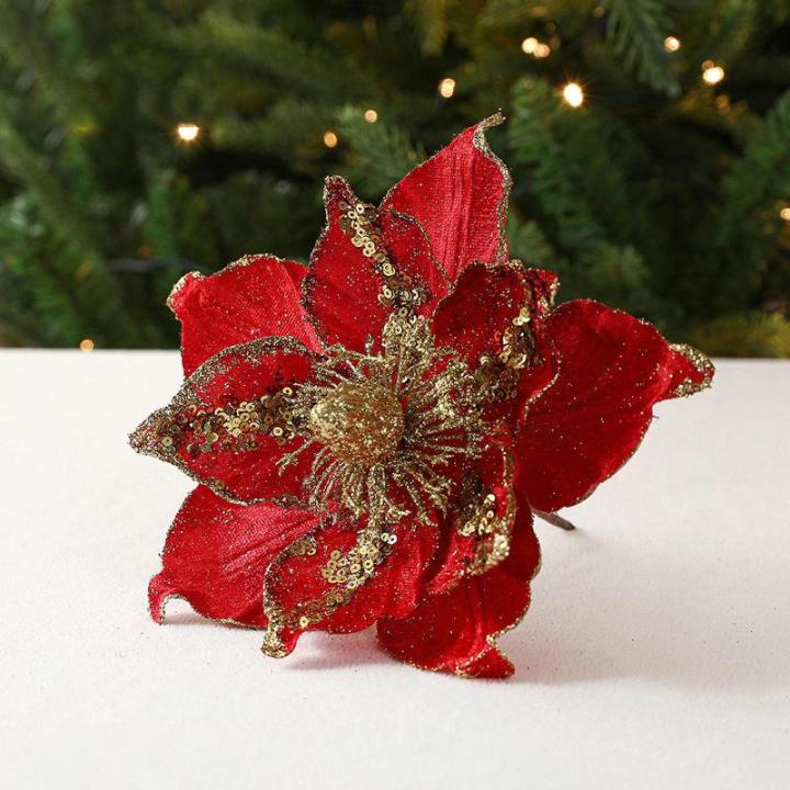 6 stuks kerstbloemen, glitterbloemen, kerstdecoratie, kerstboomversiering voor kerstboom, kerstkrans, bruiloft, tuin, Nieuwjaar (rood, 6 stuks)